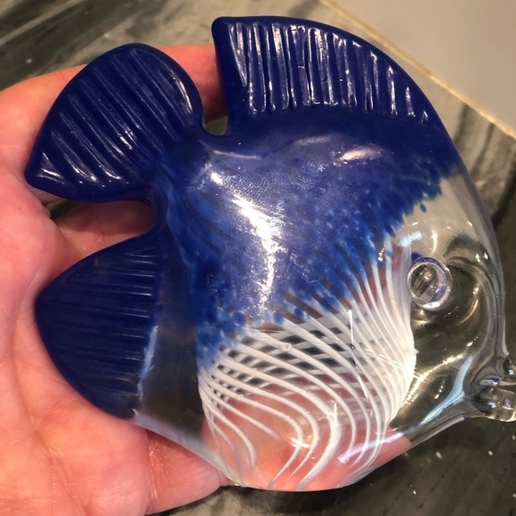 Czech Republic Art Glass Fish Figurine Blue White Lattice Swirl Labeled - Picture 3 of 8